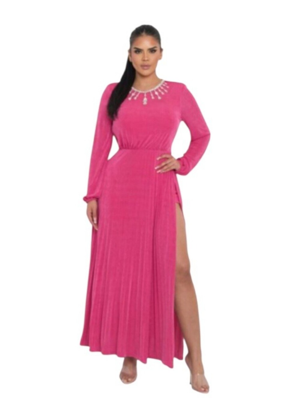 Muy Muy Pink Long Sleeve Pleated Maxi Dress L